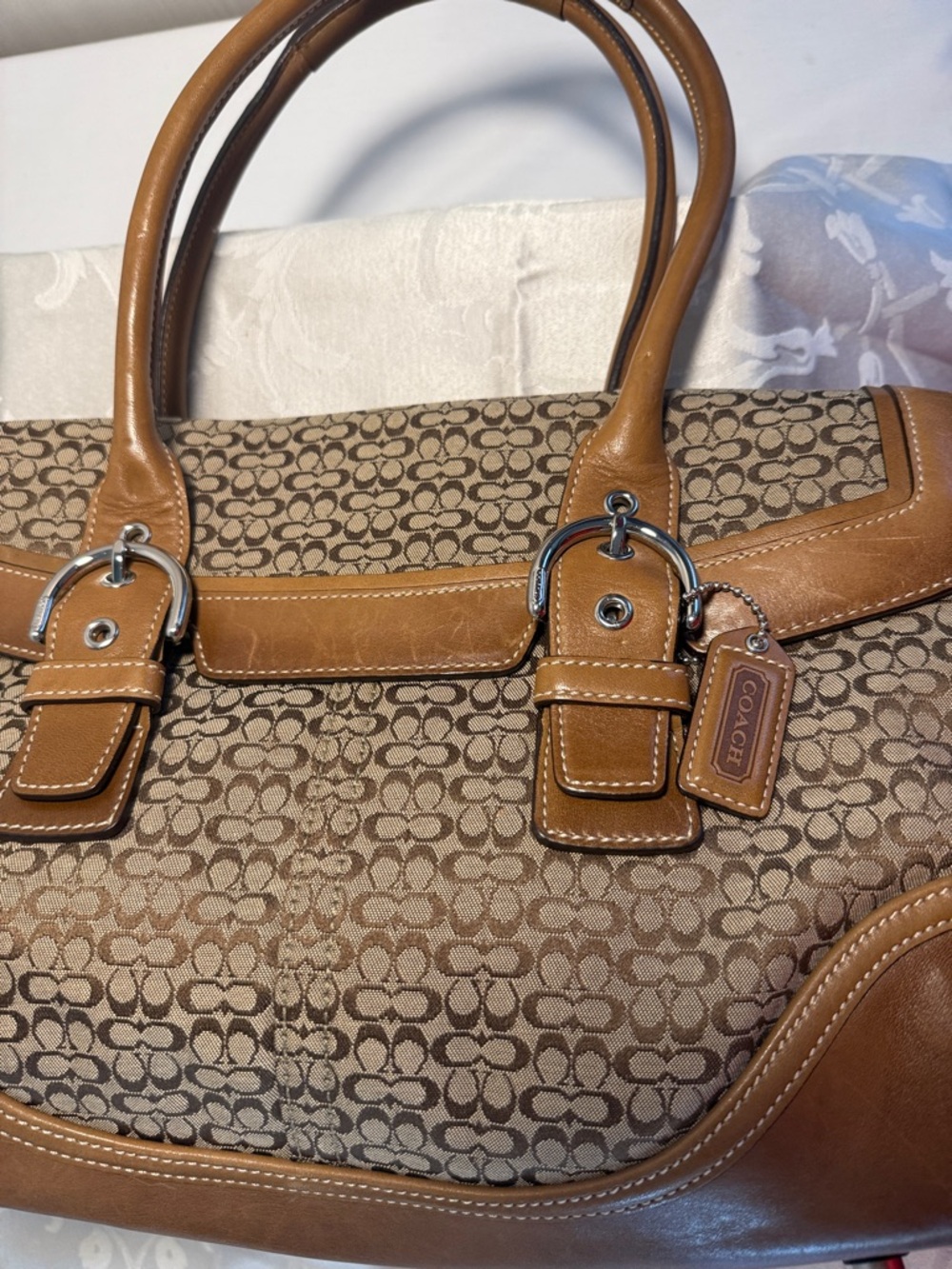 Coach Brown Signature Canvas Shoulder Satchel with Tan Leather Trim - Picture 8 of 13